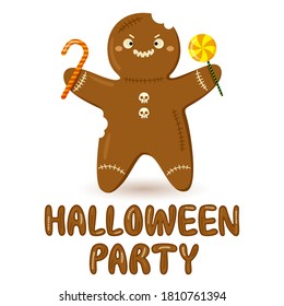 Halloween cute gingerbread  Cartoon cookie vector illustration  Kawaii character  Text  Festive icon  Isolated white background  For posters  postcards  flyers  Delicious sweet symbol 