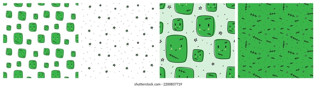 Halloween linda cara verde Frankenstein con fondo de cicatriz. Dibujo estilo kawaii sin fisuras para decoración de fiesta infantil o envoltura de regalo en colores verde y blanco.