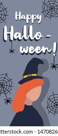 Halloween cute gretting card with flat drawn witch. Spooky background with spiders and web. Autumn party invitation, october holiday flyer. Children T-shirt design.