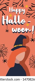 Halloween cute gretting card with flat drawn witch. Spooky background with spiders, web and stars. Autumn party invitation, october holiday flyer. Children T-shirt design.