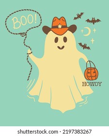 Halloween cute grost cowboy card illustration. Vector hand drawn halloween ghost in cowboy hat and lasso Boo howdy holiday text.