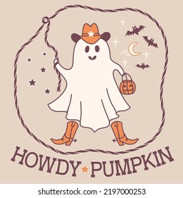 Halloween cute grost cowboy color illustration. Vector halloween ghost in cowboy hat and lasso holiday text Howdy pumpkin text for print or design.