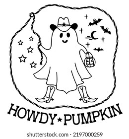 Halloween cute grost cowboy illustration. Vector hand drawn halloween ghost in cowboy hat and lasso holiday text Howdy pumpkin isolated on white for print or design