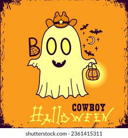 Halloween cute grost and pumpkin color illustration. Vector funny halloween card with cute ghost scares with Boo holiday text.