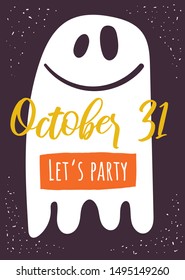 Halloween cute hand drawn doodle card, postcard, poster, invitation, flyer with white ghost. Scary and funny background for October 31 with text space