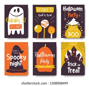 Halloween cute hand drawn doodle card, postcard, poster, invitation, flyer with white ghost, cauldron, lollipop, witch hat, pumpkin, castle. Scary and funny background for October 31 with text space