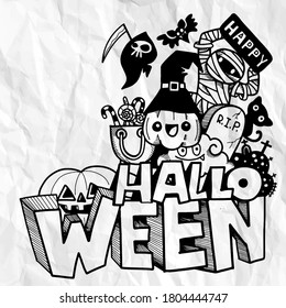 Halloween ,Cute hand drawn Halloween doodles ,vector illustration line tools drawing,Flat Design 