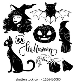 Halloween cute hand drawn elements set, vector illustration