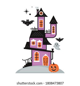 Halloween Cute Haunted House. Flat Style Cartoon Vector Illustration