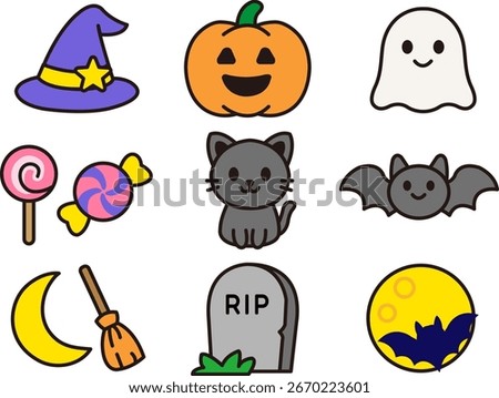 Halloween cute icon set with pumpkin, ghost, witch hat, black cat, bat, candy, broom, gravestone and moon. Perfect for kids, party decoration, sticker, greeting card and seasonal design.