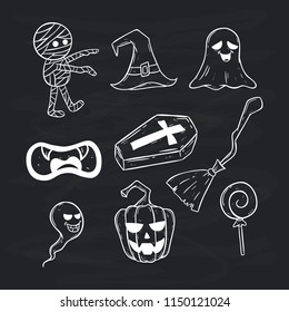 halloween cute icons or elements with hand drawn style on blackboard background