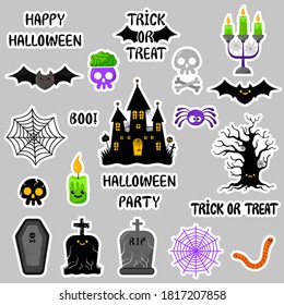 Halloween cute icons vector set. Cartoon style. Kawaii. Trick or treat. Holiday symbols. Funny illustration. For postcards, posters, flyers. Isolated on gray background.