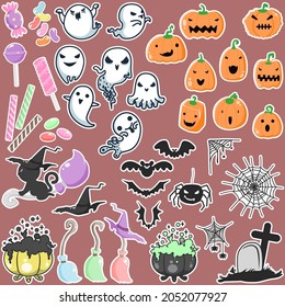 Halloween cute  icons vector set sticker style on red background,Cartoon icon