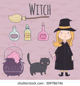 Halloween cute illustration of a witch.Witch, broom, cauldron potion, a black cat, a potion in glass jars. It can be used for design Halloween party invitations, scrapbook.