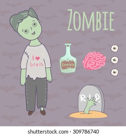 Halloween cute illustration of a zombie. Zombies, brains, zombie potion in glass flasks, grave with a hand and eyeballs.It can be used for design Halloween party invitations, scrapbook.