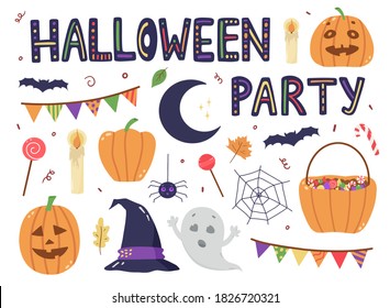 Halloween cute illustrations set. Hand drawn cartoon vector illustrations isolated on white for halloween party.