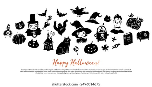 Halloween lindo conjunto de ilustraciones. Fotos encantadoras temáticas para halloween - bruja, calabaza, gato, linterna de gato, caldero y escoba. Vector ambientado en estilo de contorno de garabato de dibujos animados. Póster, tarjeta, Anuncio