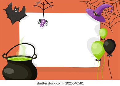 Halloween cute invitation, poster or greeting card template. Frame for text with witch cauldron, hat, bat, ballons and spider on web. Cartoon vector illustration