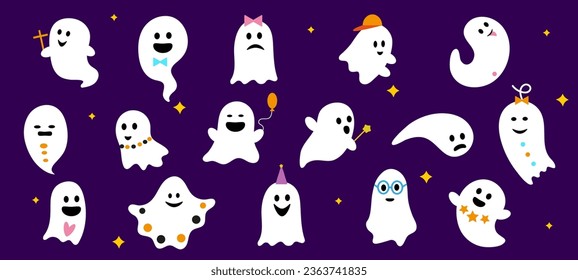 Halloween cute kawaii flying ghosts characters isolated vector set, features adorable, smiling spooks flying, having fun, and adding a charming and playful touch to spooky season celebration