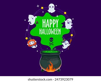 Halloween cute kawaii ghosts near magic potion cauldron. Vector background with funny spooks crew in holiday costumes of witch and pumpkin, celebrating trick or treat party around the pot with brew