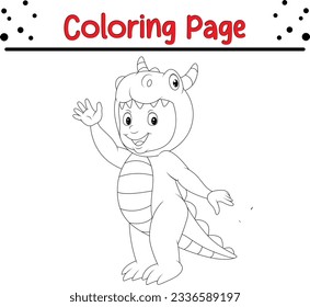 Halloween  cute kid cartoon wearing crocodile costume coloring page for children. Black and white vector illustration for coloring book
