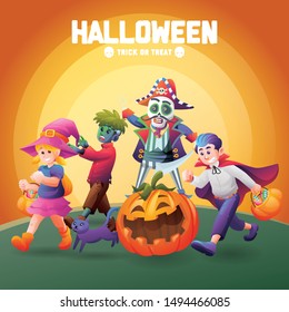 Halloween Cute Kids Character Design, Mummy, Dracula, Frankenstein, Witch and Cat