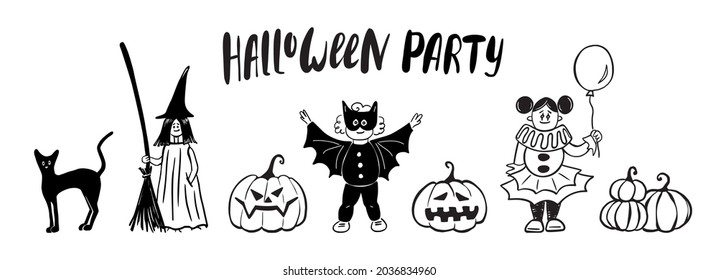 Halloween cute kids costume party banner. Funny hand drawing ink style vector illustration set with black cat, witch girl, batman boy, clown girl and pumpkins. Design template for print card, poster.