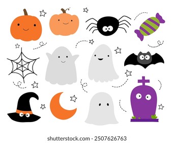 Halloween cute kids element decoration background. Illustration of pumpkin, ghost, hat, spider, candy, moon, bat, web, tombstone.
