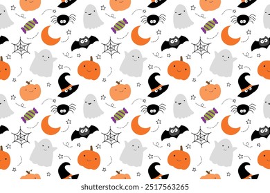 Halloween cute kids pattern seamless background. Cover banner halloween hand drawn style for textile fabric cute design.