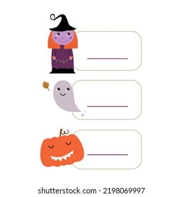 HALLOWEEN CUTE LABELS WITH CHARACTERS ( WITCH, GHOST, PUMPKIN HEAD ) ISOLATED ON WHITE, FOR HALLOWEEN 2022