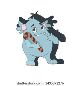 Halloween A cute light blue monster with an ear in the shape of a heart holds striped candy in its paws. Decorative element for poster, greeting card, label.