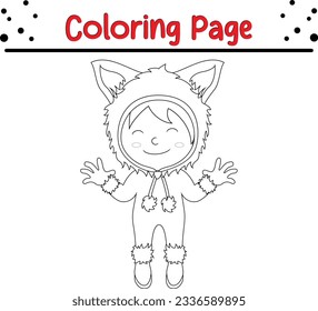 Halloween es una tira cómica de un niño pequeño que usa una página de coloración de disfraces de hombre lobo para niños. Ilustración vectorial en blanco y negro para libro de colorantes