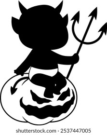 Halloween Cute Little Devil Black Silhouette. Vector Hand Drawn Illustration Isolated On Transparent Background