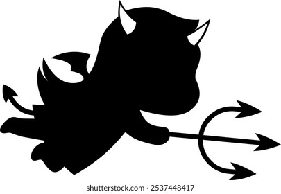 Halloween Cute Little Devil Girl Black Silhouette. Vector Hand Drawn Illustration Isolated On Transparent Background