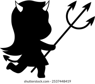 Halloween Cute Little Devil Girl Black Silhouette. Vector Hand Drawn Illustration Isolated On Transparent Background