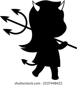 Halloween Cute Little Devil Girl Black Silhouette. Vector Hand Drawn Illustration Isolated On Transparent Background