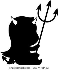 Halloween Cute Little Devil Girl Black Silhouette. Vector Hand Drawn Illustration Isolated On Transparent Background