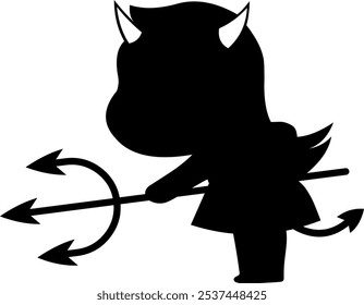 Halloween Cute Little Devil Girl Black Silhouette. Vector Hand Drawn Illustration Isolated On Transparent Background