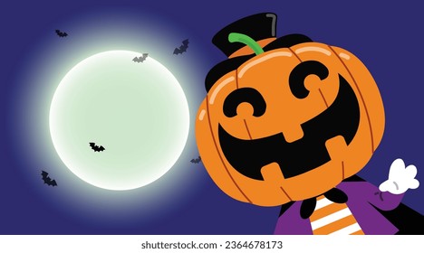 Halloween lindo personaje de calabaza contra la luna llena. Ilustración vectorial para vacaciones y fiesta.