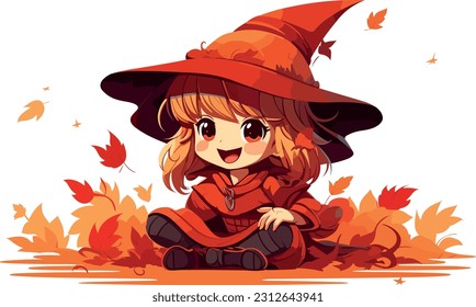 Halloween Cute Little Witch, Digital Vector Artwork on a Transparent Background