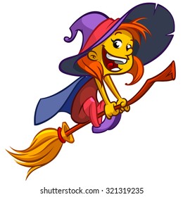 Halloween cute little witch flying on her broom isolated on white background. Vector illustration of a smiling girl in a witch costume