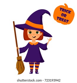 Halloween cute little witch, vector illustration. Cartoon stylized girl in witch costume with broomstick. Halloween colorful design element for prints, cards, banners.