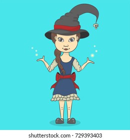 Halloween cute little witch, vector illustration. Cartoon stylized girl in witch costume. Halloween colorful design element for prints, cards, banners.