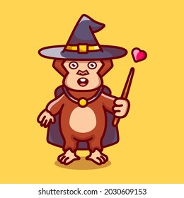 Halloween cute monkey wizard with hat, cloak, love and wand