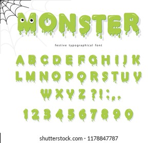 Halloween Cute Monster Font For Kids. Jelly Slim Green Letters And Numbers.