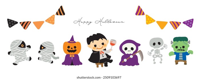 Halloween cute monsters illustration set