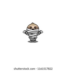 Halloween cute mummy sloth cartoon character, vector illustration