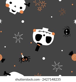 Halloween cute nursery seamless pattern for wrapping paper, fabric, wallpaper background, sketchbook cover design ghost, skull, bat, pumpkin cartoon character