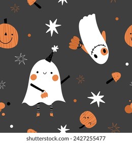 Halloween cute nursery seamless pattern for wrapping paper, fabric, wallpaper background, sketchbook cover design ghost, skull, bat, pumpkin cartoon character