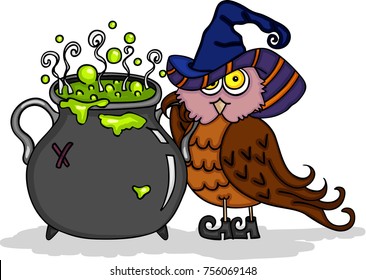 Halloween cute owl with witch caldron 
